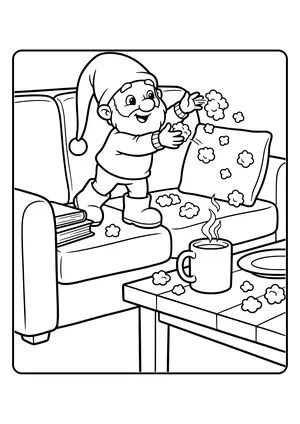 Elf prank idea cotton ball snowfall: the little elf scatters cotton balls like snowflakes over the sofa and coffee table – coloring page