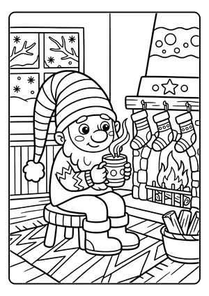Coloring page of an elf with a mug by a small fireplace, socks hanging on the mantel