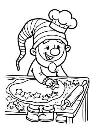 Coloring page of an elf in a chef hat cutting stars out of a big piece of dough