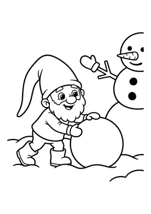 Coloring page of an elf rolling a big snowball beside a half-finished snowman