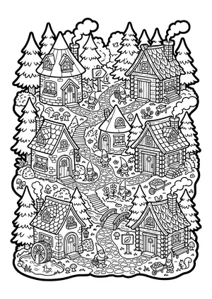 Coloring page of an elf village with several tiny houses, paths, and fir trees as a busy scene