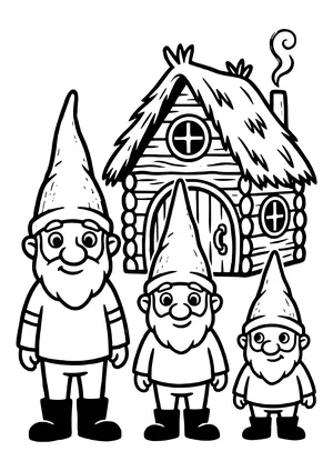 Coloring page of three elves of different sizes standing in front of their little house