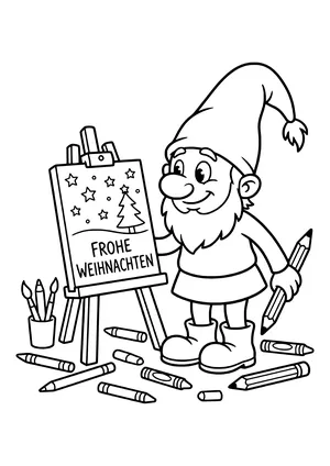Elf prank idea elf masterpiece: the little elf stands before a small easel with a painting he made, pencils scattered all around – coloring page