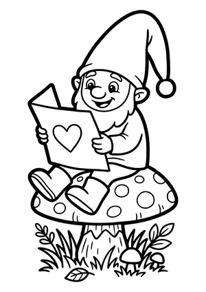 Coloring page of an elf sitting on a mushroom, reading a big letter with a heart on it