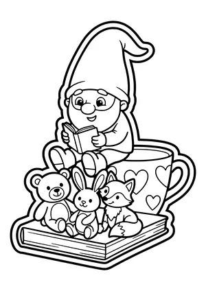 A little elf sits on a big book holding a tiny book and reads to the stuffed animals – coloring page for the Elf Story Time elf idea.