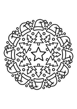 Coloring page of a round mandala made of elf caps, stars, and fir trees