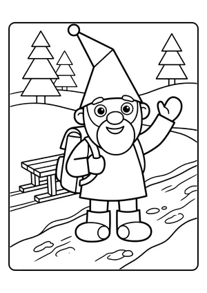 Coloring page of an elf with a backpack waving goodbye, with a sled in the background