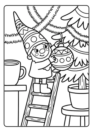 A little elf on a ladder hangs a big ornament on a small fir tree while tinsel drapes over him – coloring page for the Elf Decorates the Tree elf idea.