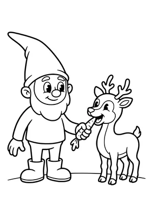 Coloring page of an elf feeding a small reindeer a carrot