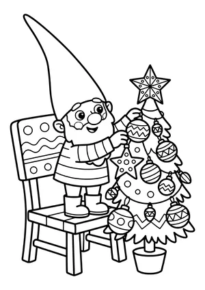 Coloring page of an elf decorating a tiny fir tree on a chair