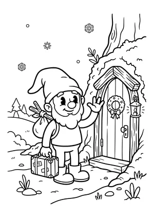 Coloring page of an elf with a suitcase and a bundle standing in front of his little door, waving