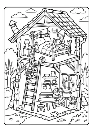 Coloring page of an elf house in cross-section, like a dollhouse, with kitchen, bed, and ladder