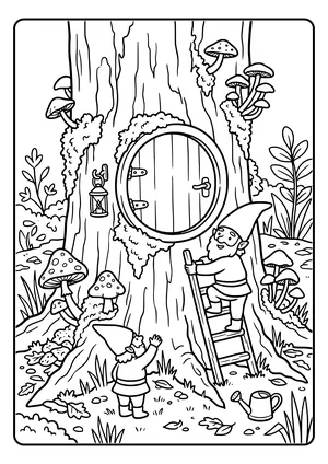 Coloring page of a round elf door set in a thick tree trunk, surrounded by mushrooms and moss