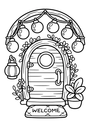 Coloring page of a small elf door with an arch of big fairy-light bulbs and a doormat