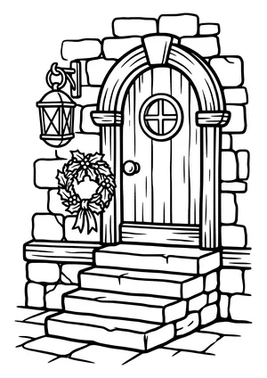 Coloring page of a small elf door with a rounded top at a baseboard, with steps, a wreath, and a lantern in front
