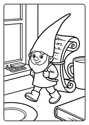 A little elf carries a big wish list on his back to the window where a tiny sled waits – coloring page for the Wish List Delivery elf idea.