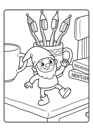 Elf prank idea toothbrush party: the little elf dances in front of a cup where all the toothbrushes wear tiny party hats – coloring page