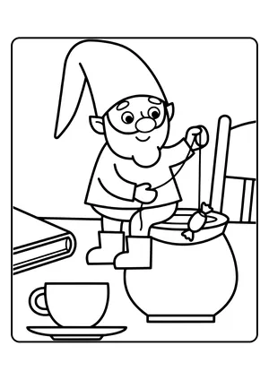 Elf prank idea sugar bowl fishing: the little elf sits on the edge of a sugar bowl and fishes a candy out with a string – coloring page