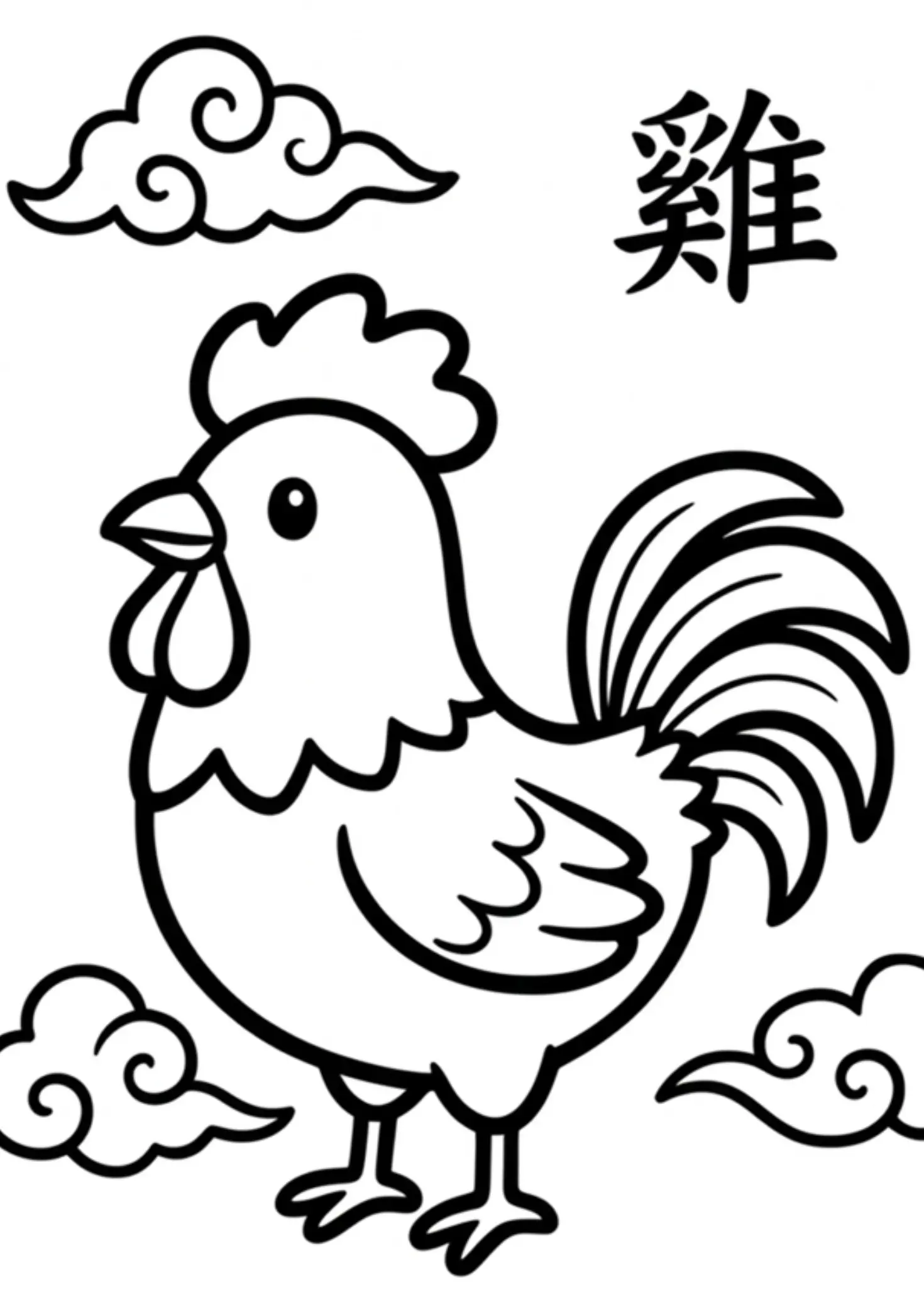 Ausmalbild Hahn aus dem chinesischen Tierkreis mit chinesischem Schriftzeichen