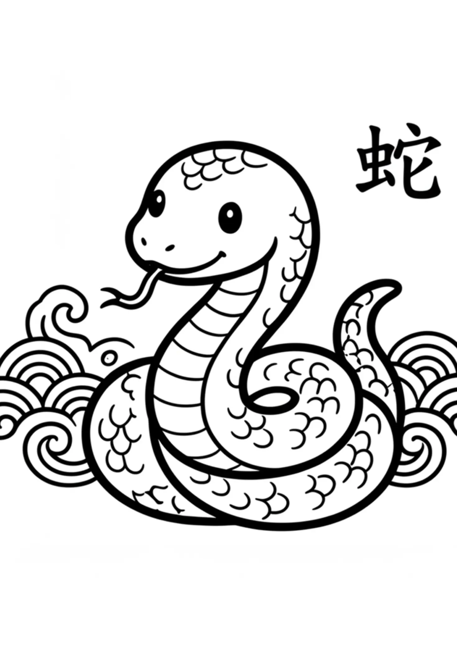 Ausmalbild Schlange aus dem chinesischen Tierkreis mit chinesischem Schriftzeichen
