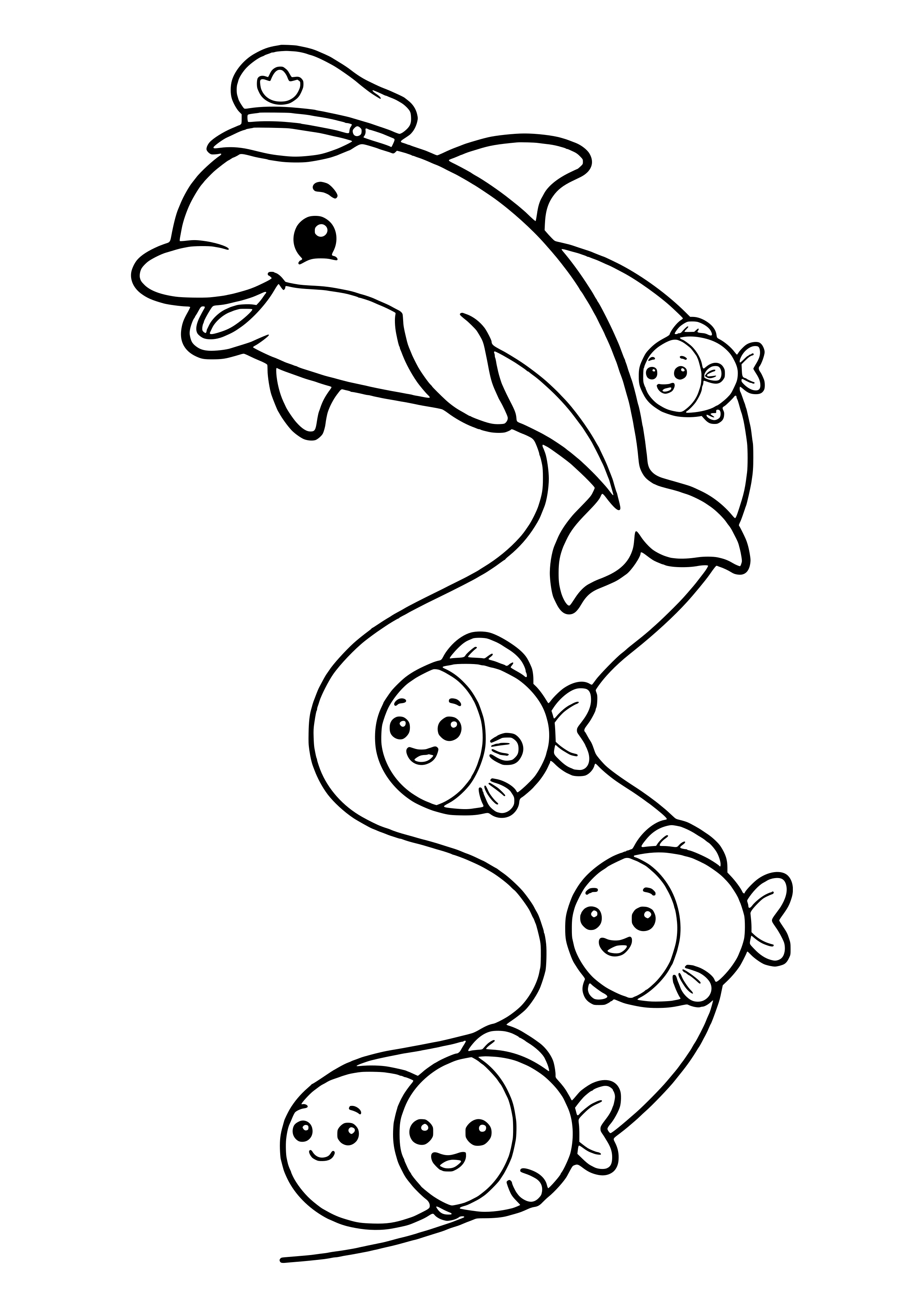 Delfin führt eine Gruppe Fische Ausmalbild kostenlos für Kinder