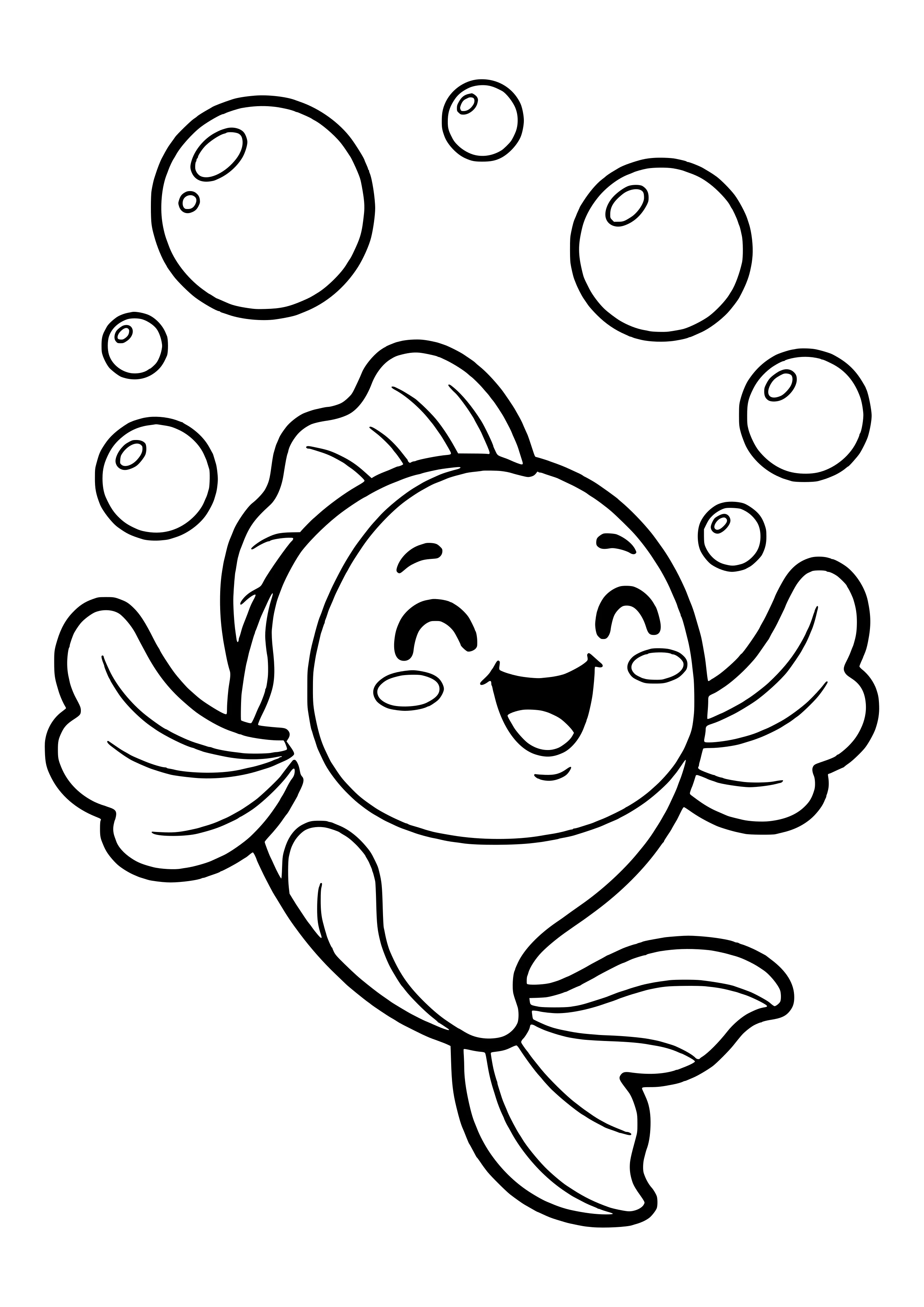 Fish dancing among bubbles free coloring page for toddlers