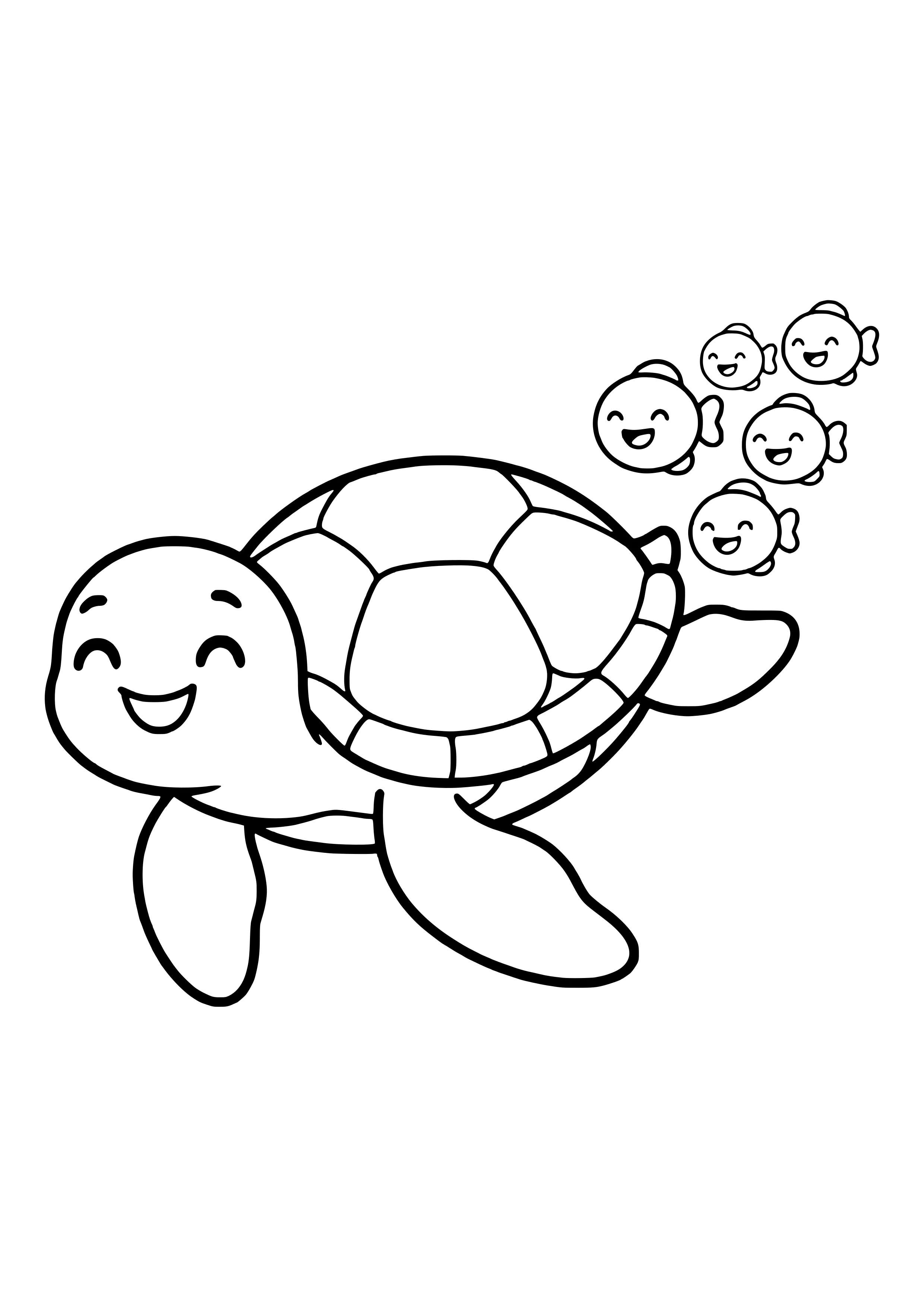 Fischschwarm folgt einer Schildkröte Ausmalbild kostenlos für Kinder