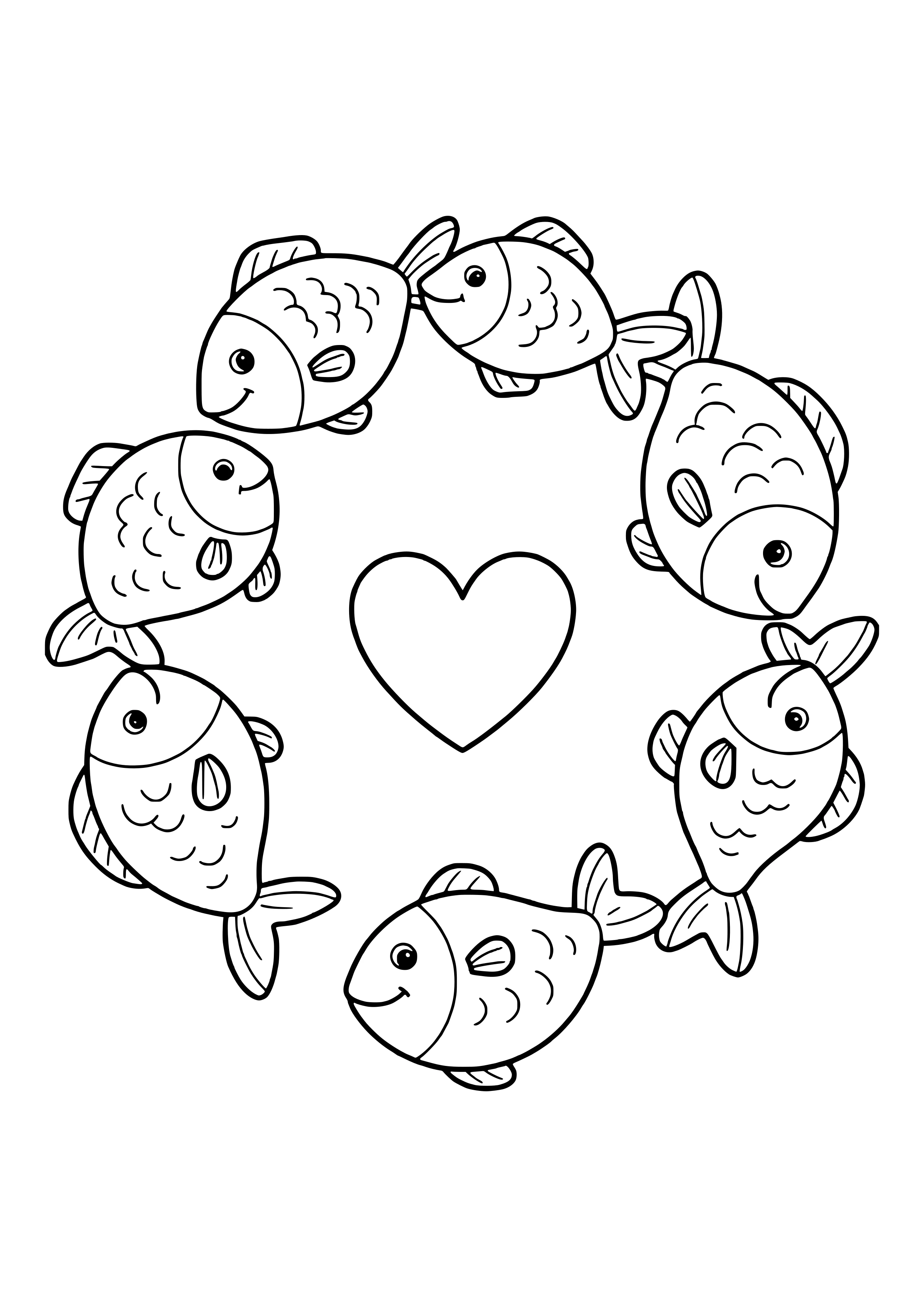 Fish school forming a circle free coloring page for kids