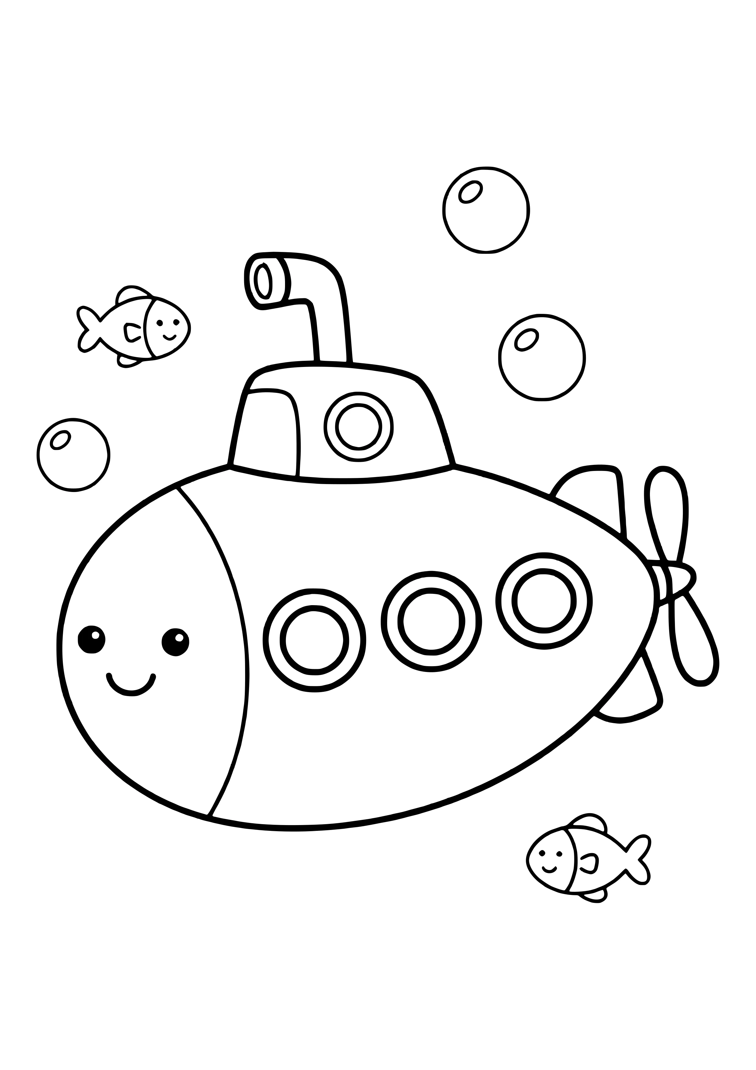 Gelbes U-Boot erkundet die Tiefe Ausmalbild kostenlos für Kinder