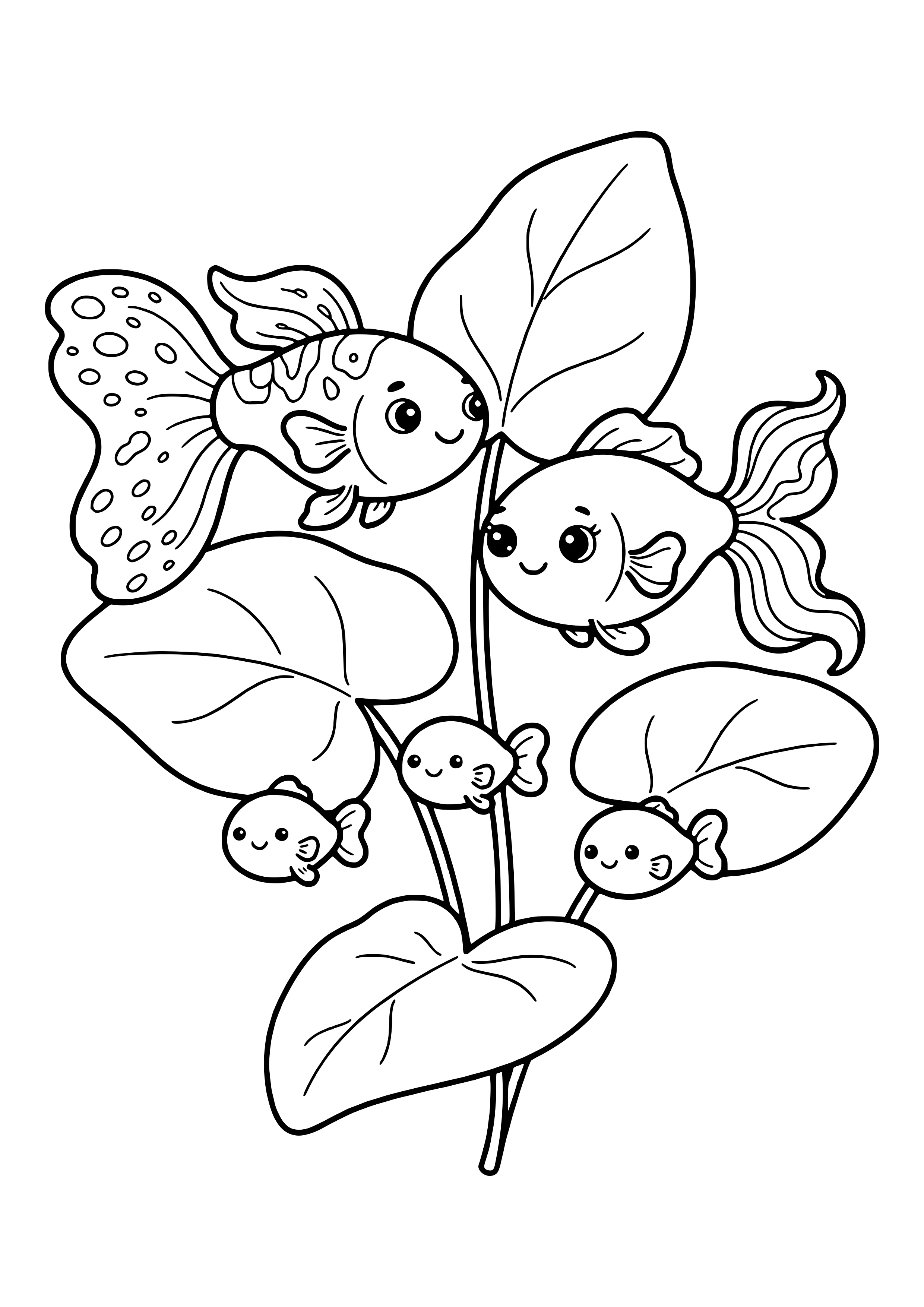 Guppy-Familie im Aquarium Ausmalbild kostenlos für Kleinkinder