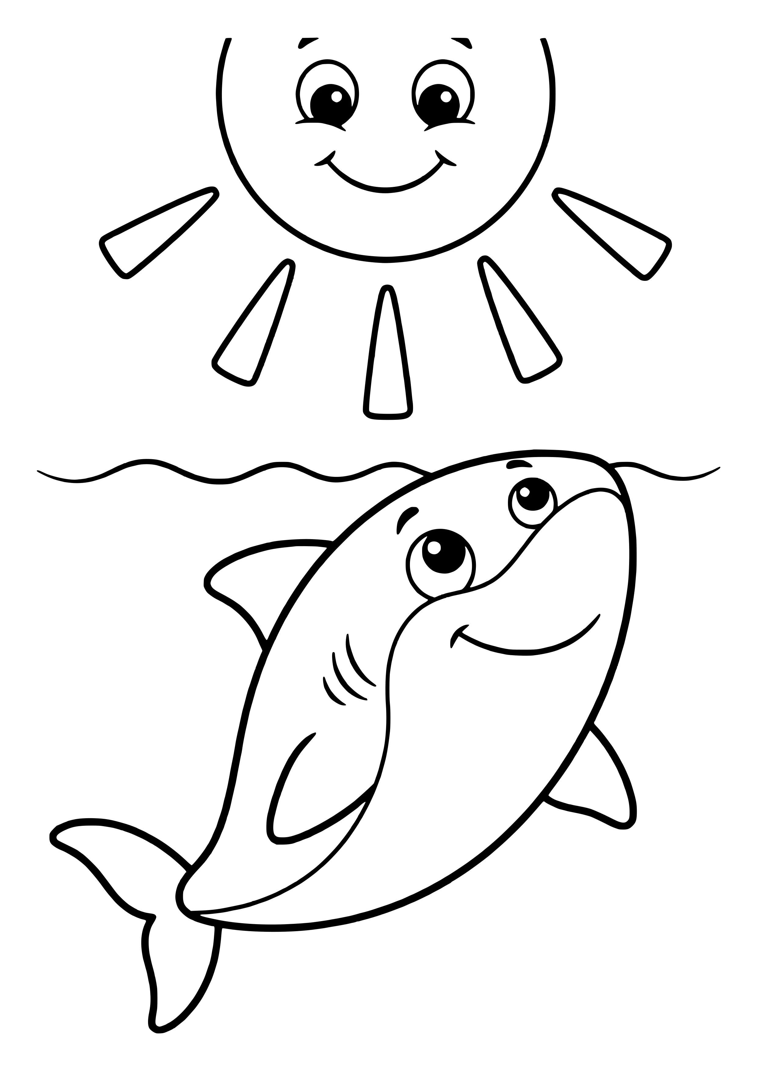 Hai schwimmt durch einen Lichtstrahl Ausmalbild kostenlos für Kinder