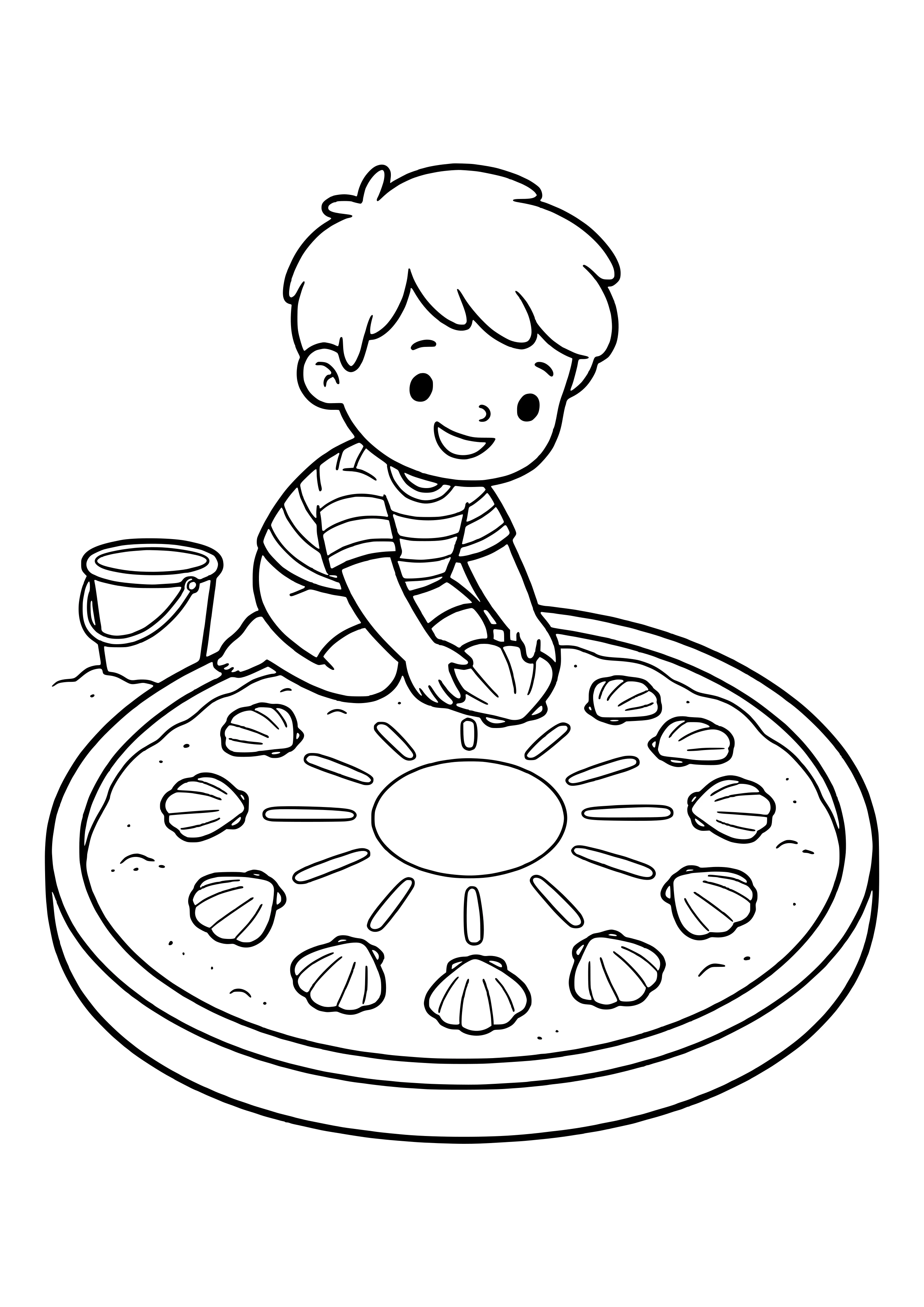 Kid building a shell mosaic free coloring page for kids