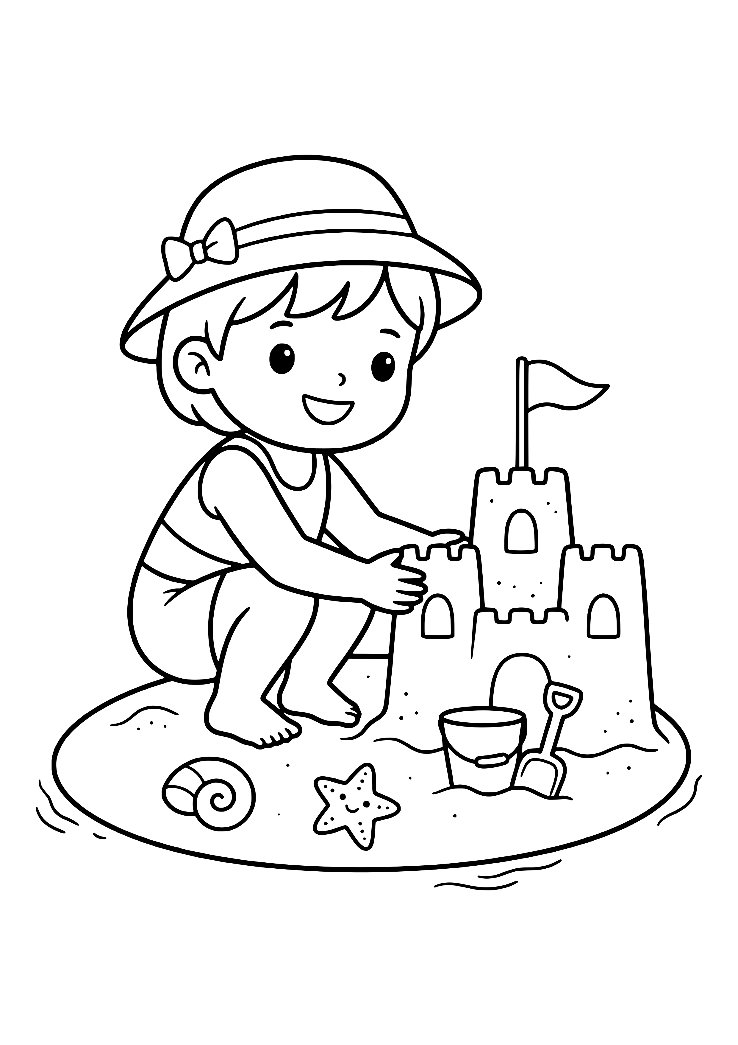 Kind baut eine Sandburg am Strand Ausmalbild kostenlos für Kinder