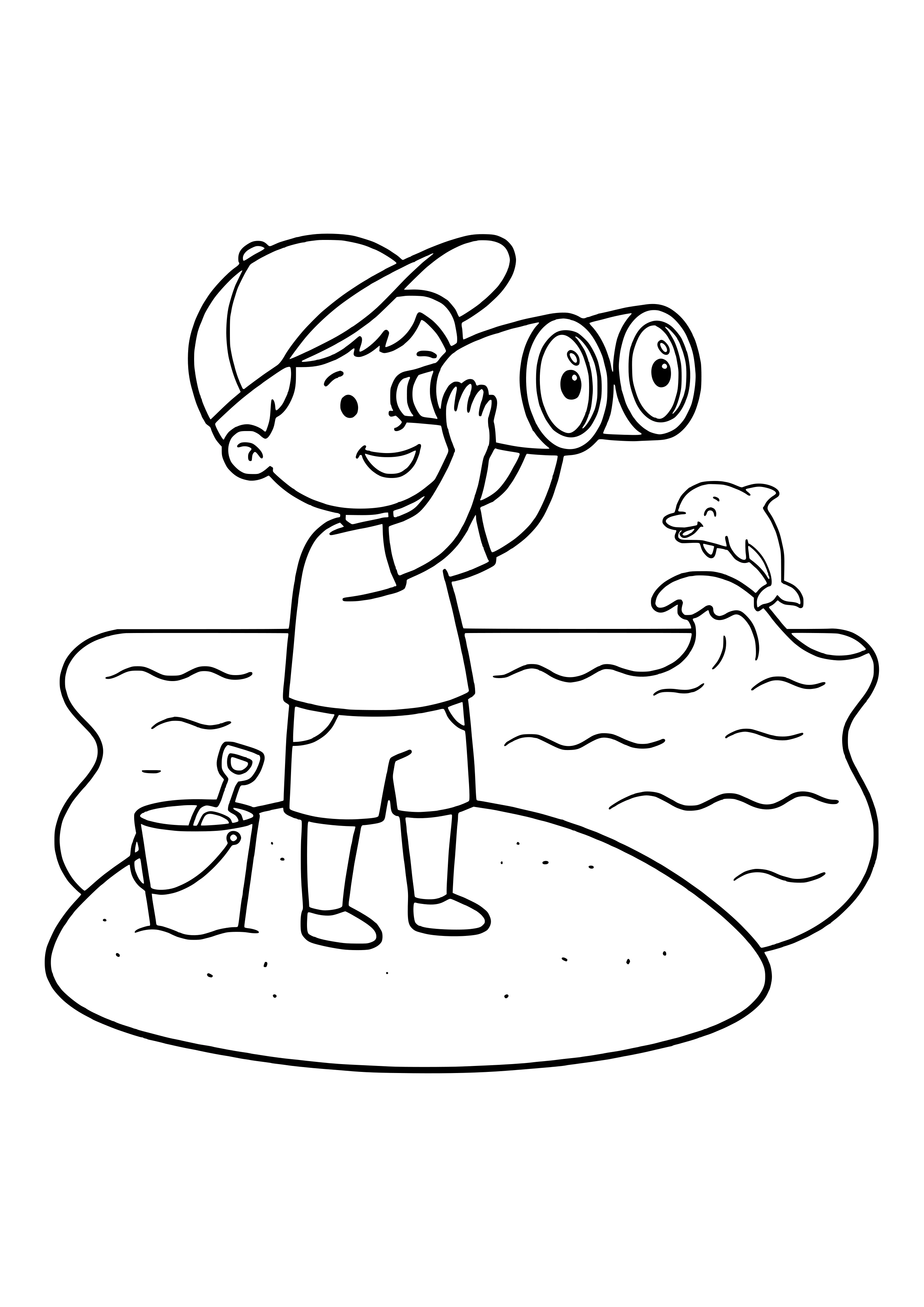 Kind hält ein Fernglas am Strand Ausmalbild kostenlos für Kinder