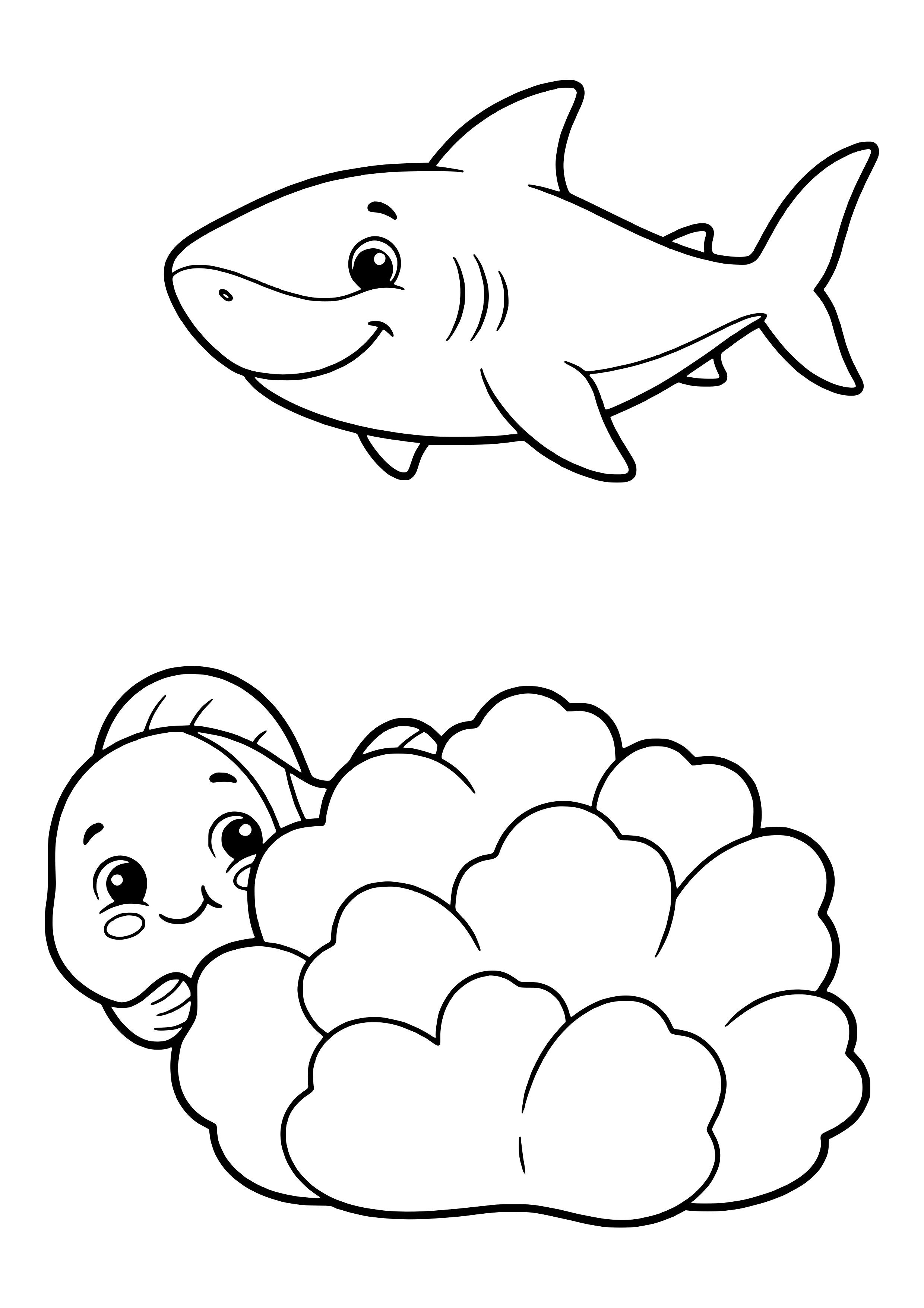Kleiner Fisch versteckt sich vor Hai Ausmalbild kostenlos für Kinder