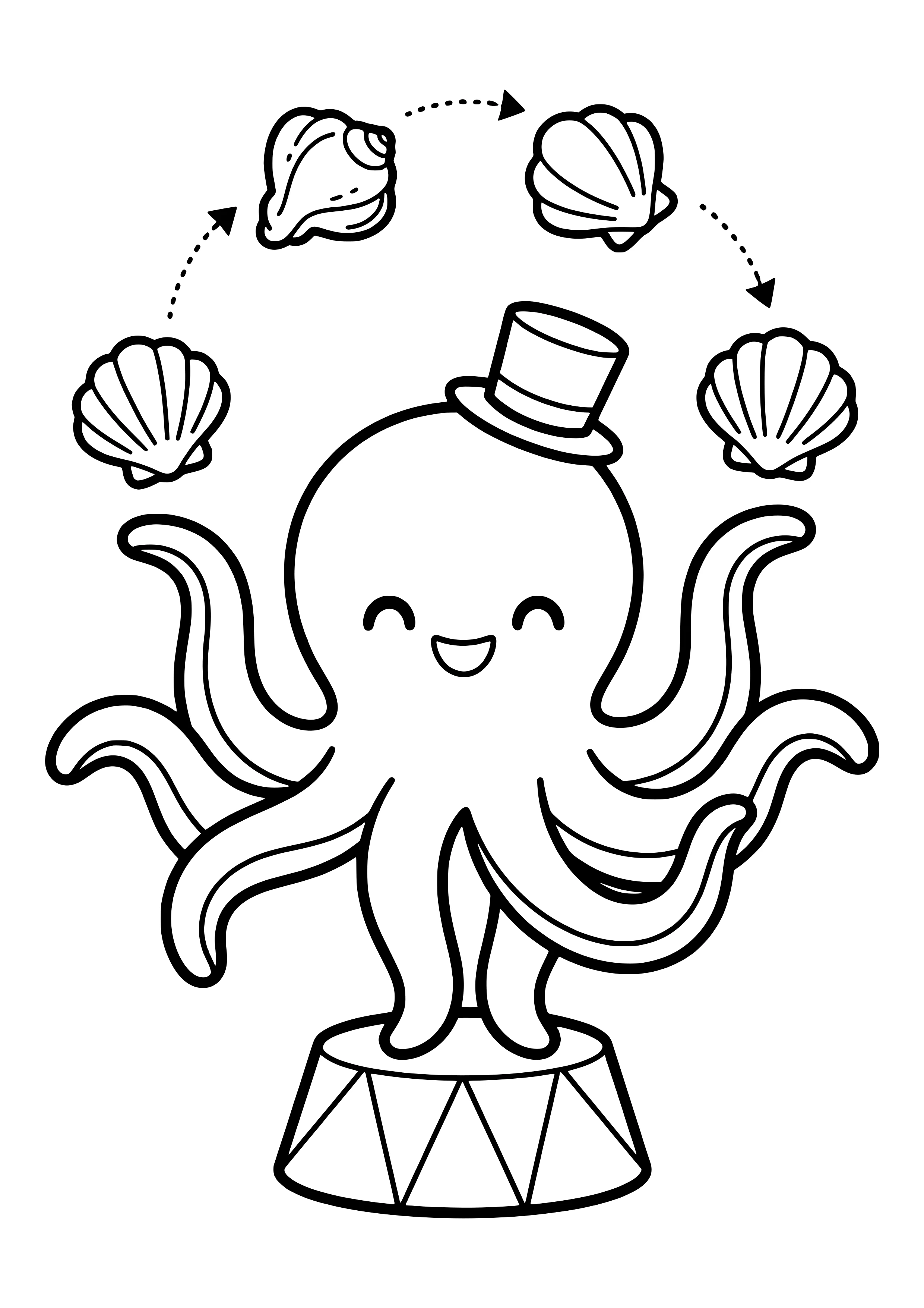 Octopus juggling shells free coloring page for kids