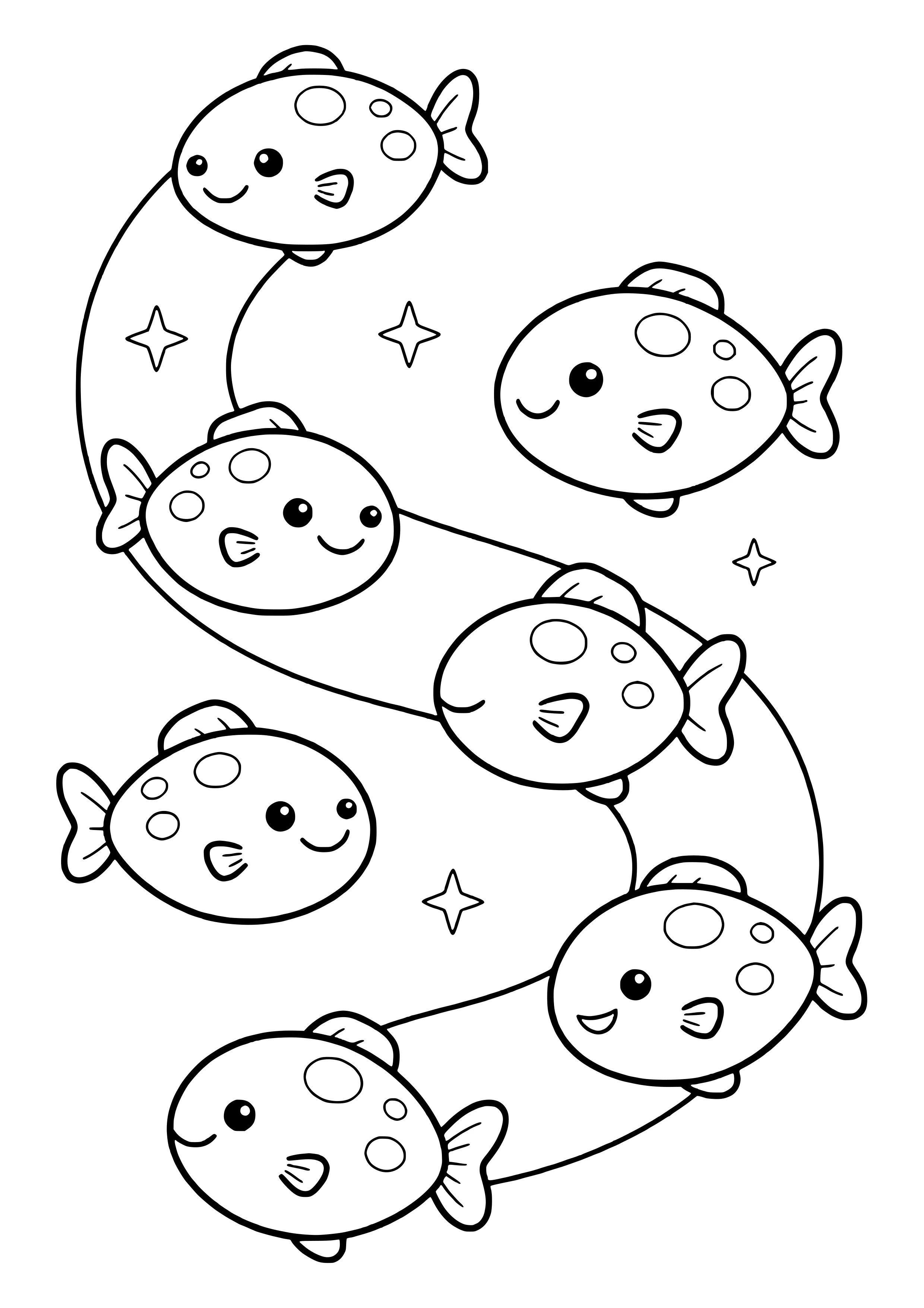 Leuchtender Fischschwarm in der Finsternis Ausmalbild kostenlos für Kinder