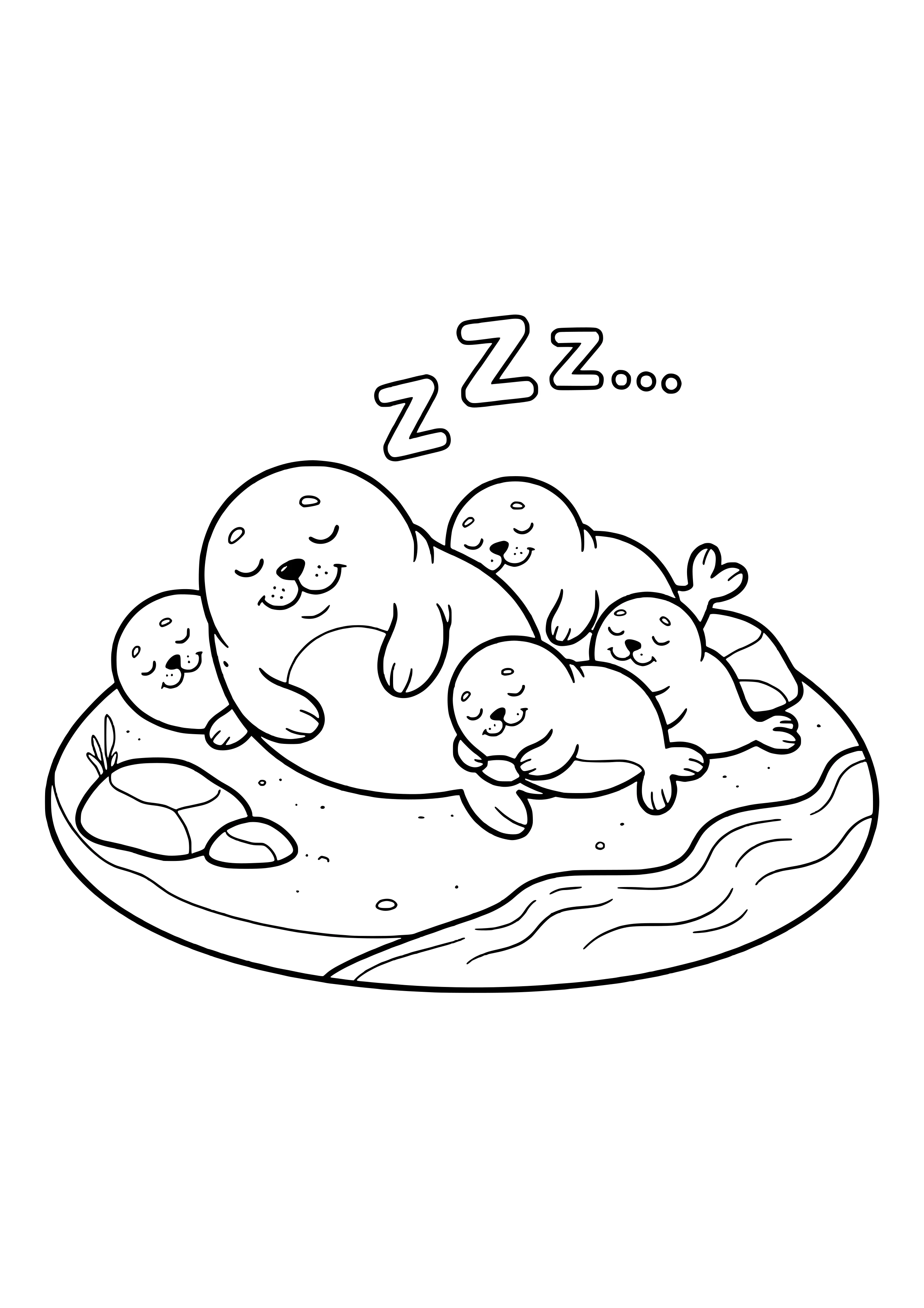 Seal colony dozing together on the beach free coloring page for kids