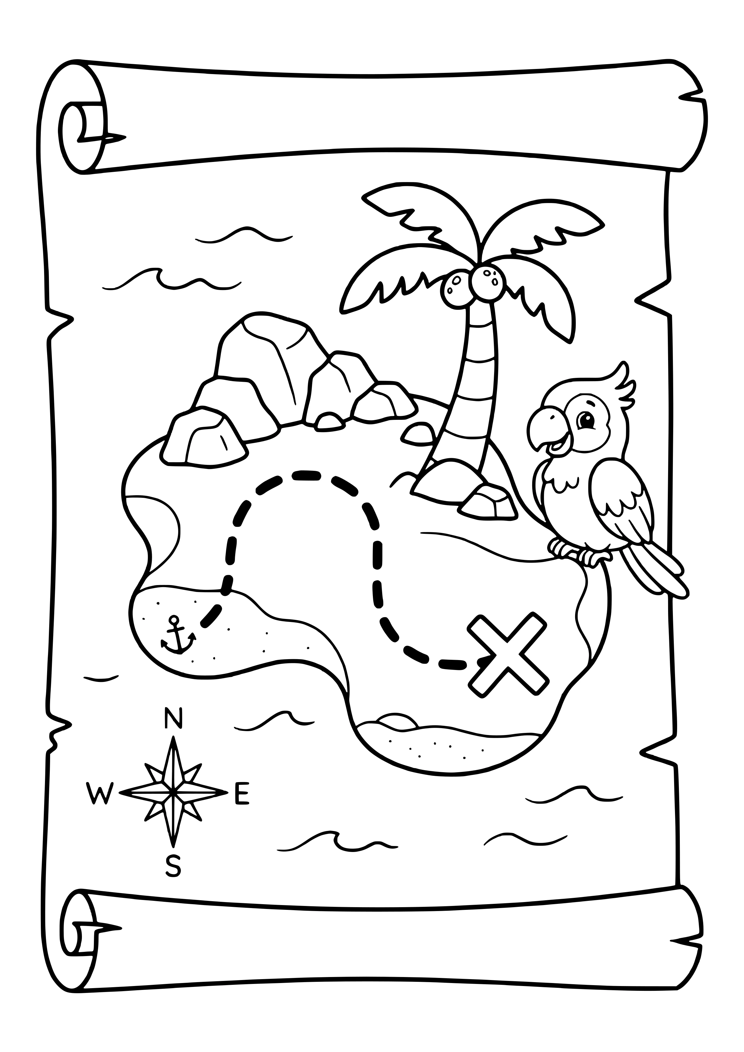 Treasure map leading to an island free coloring page for kids