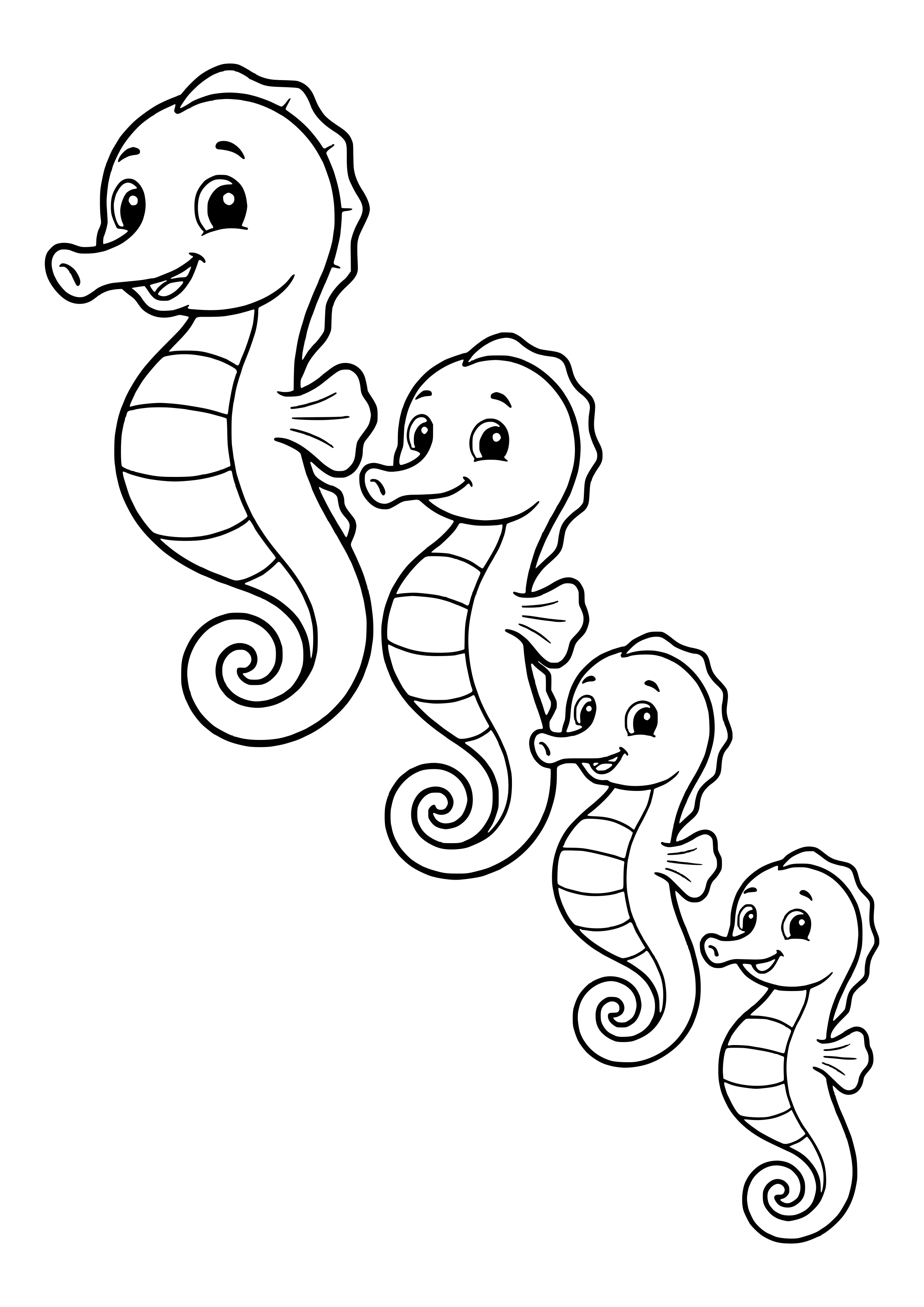 Seahorse family swimming in a row free coloring page for kids