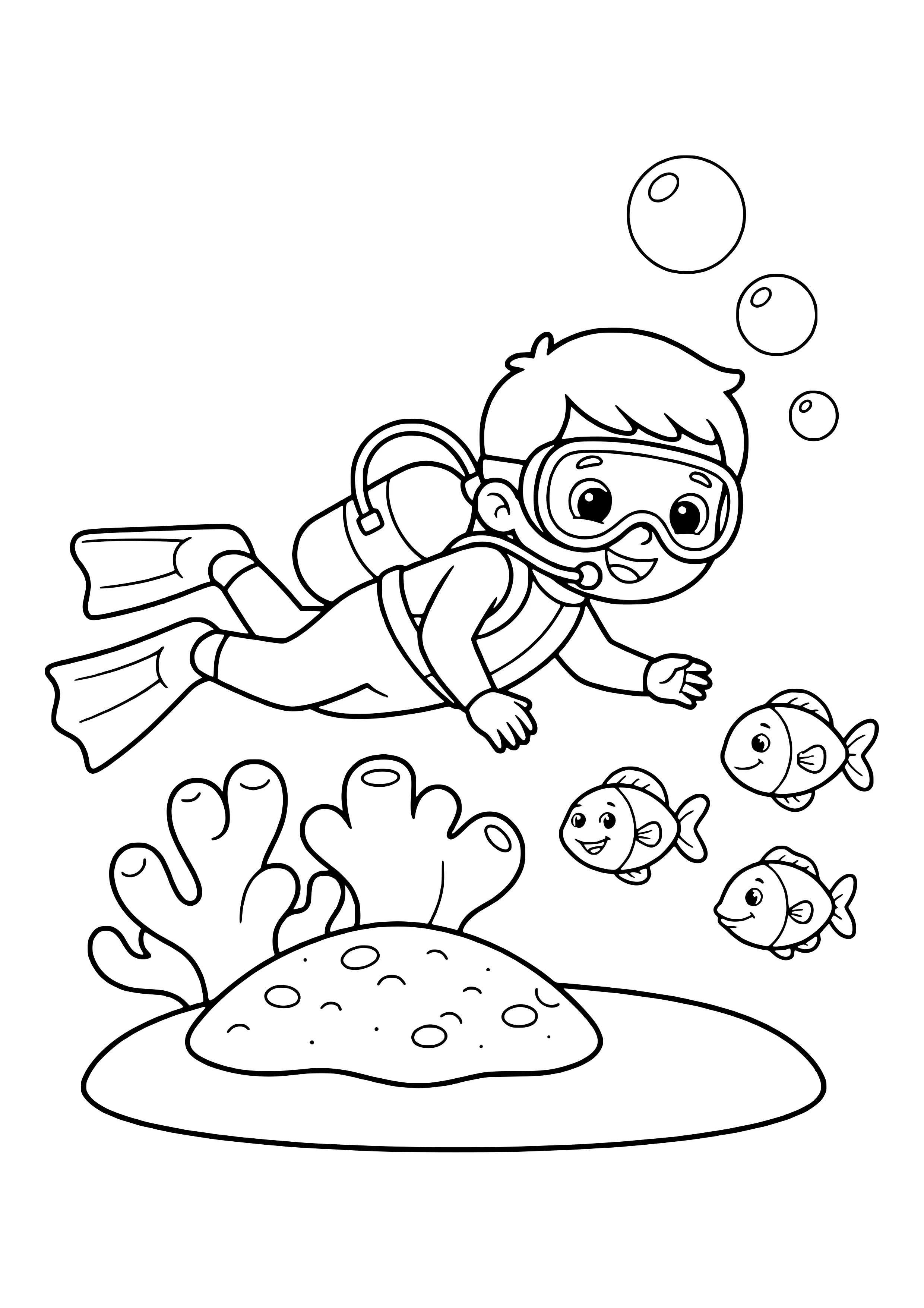 Diver exploring a coral reef free coloring page for kids