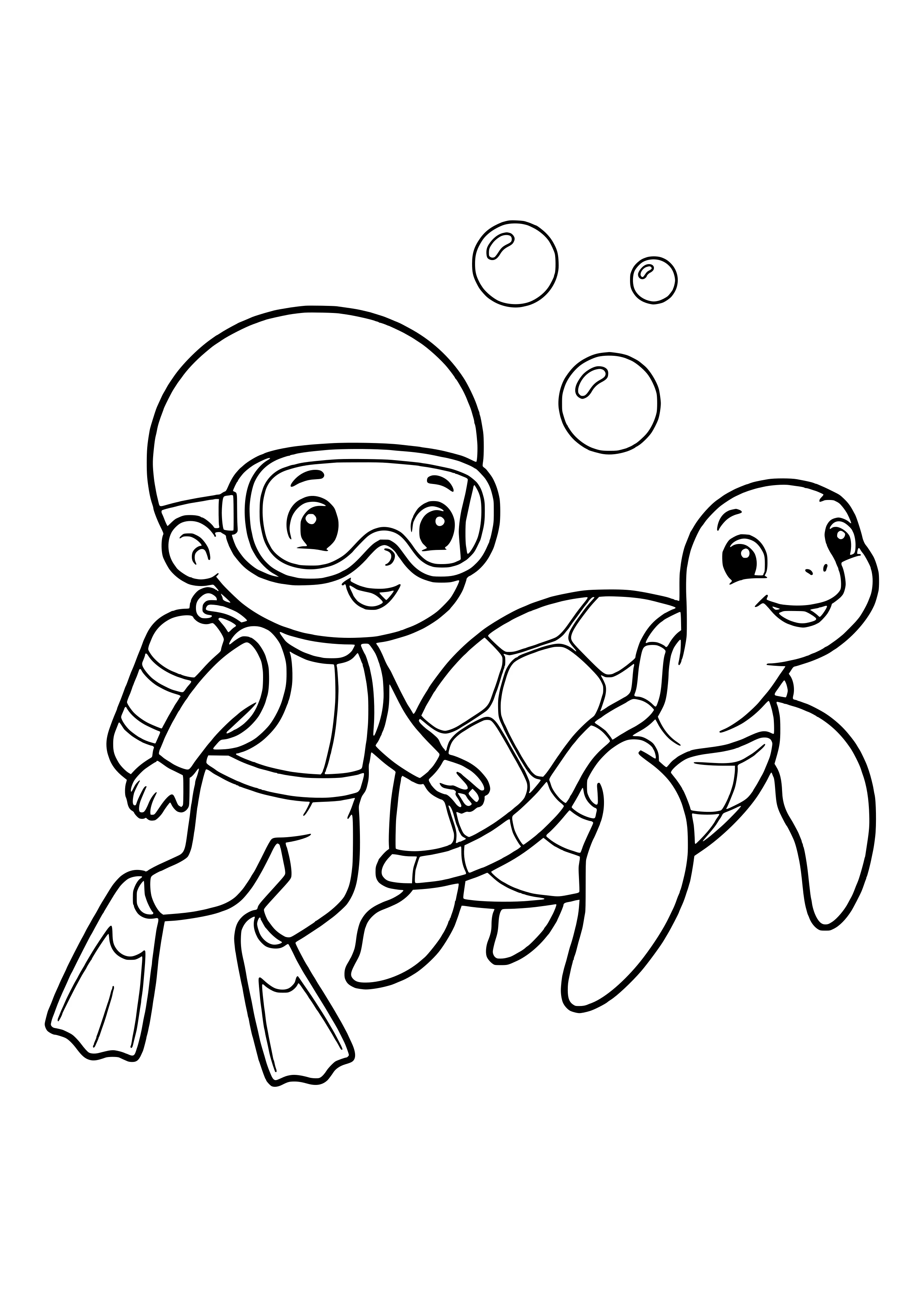 Diver floating next to a sea turtle free coloring page for kids