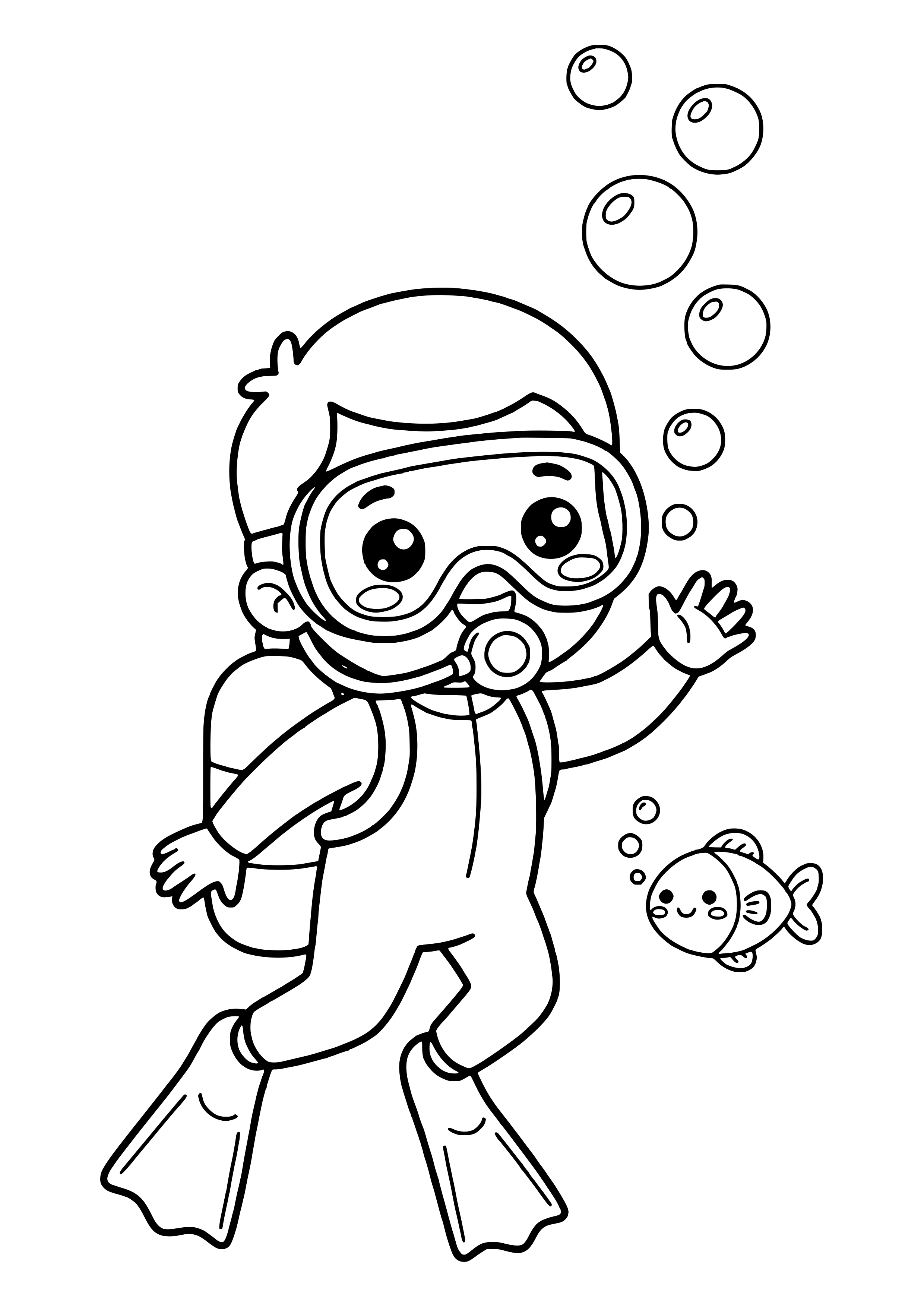 Diver waving cheerfully at the camera free coloring page for kids