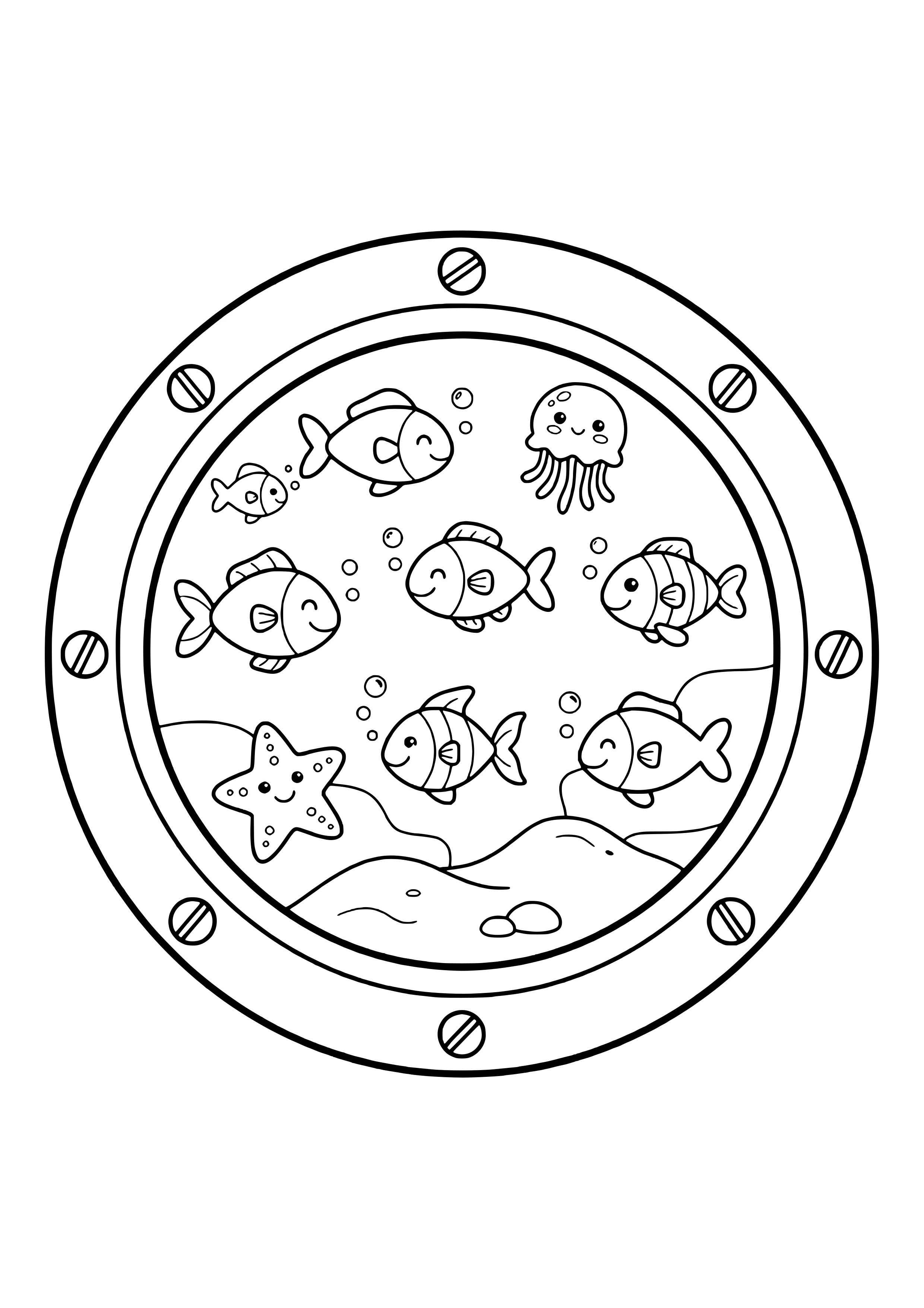 Submarine window showing colorful fish schools free coloring page for kids