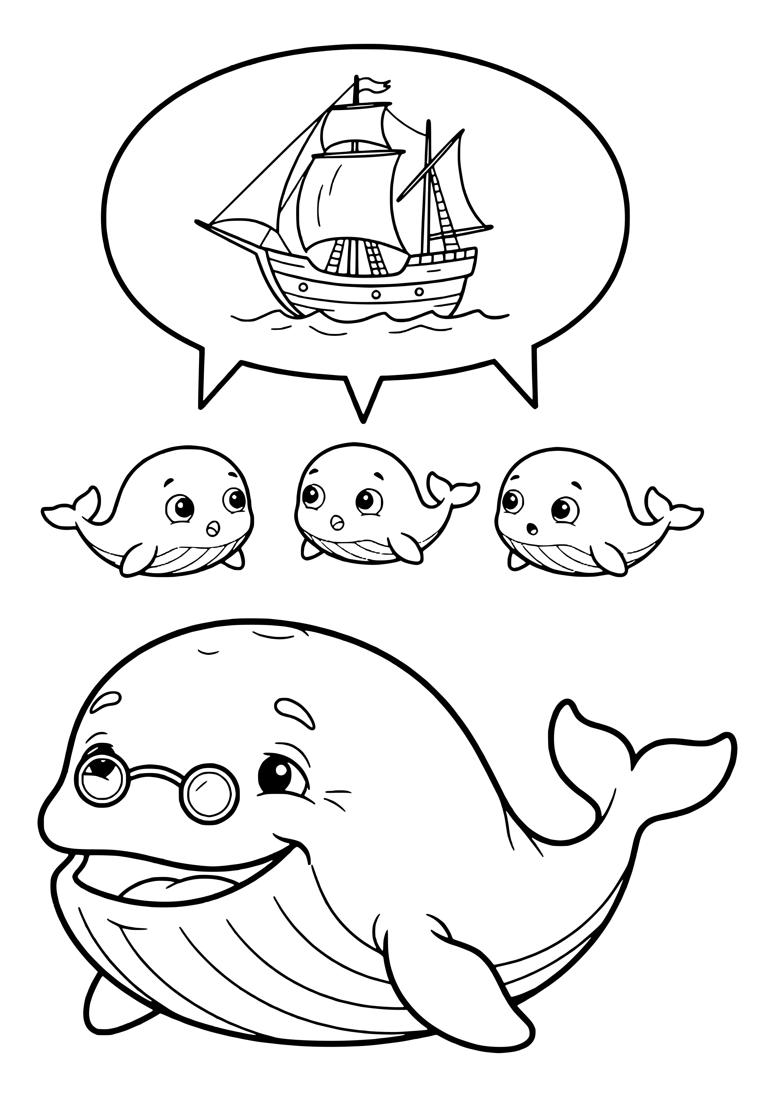 Grandpa whale telling stories to young whales free coloring page for kids