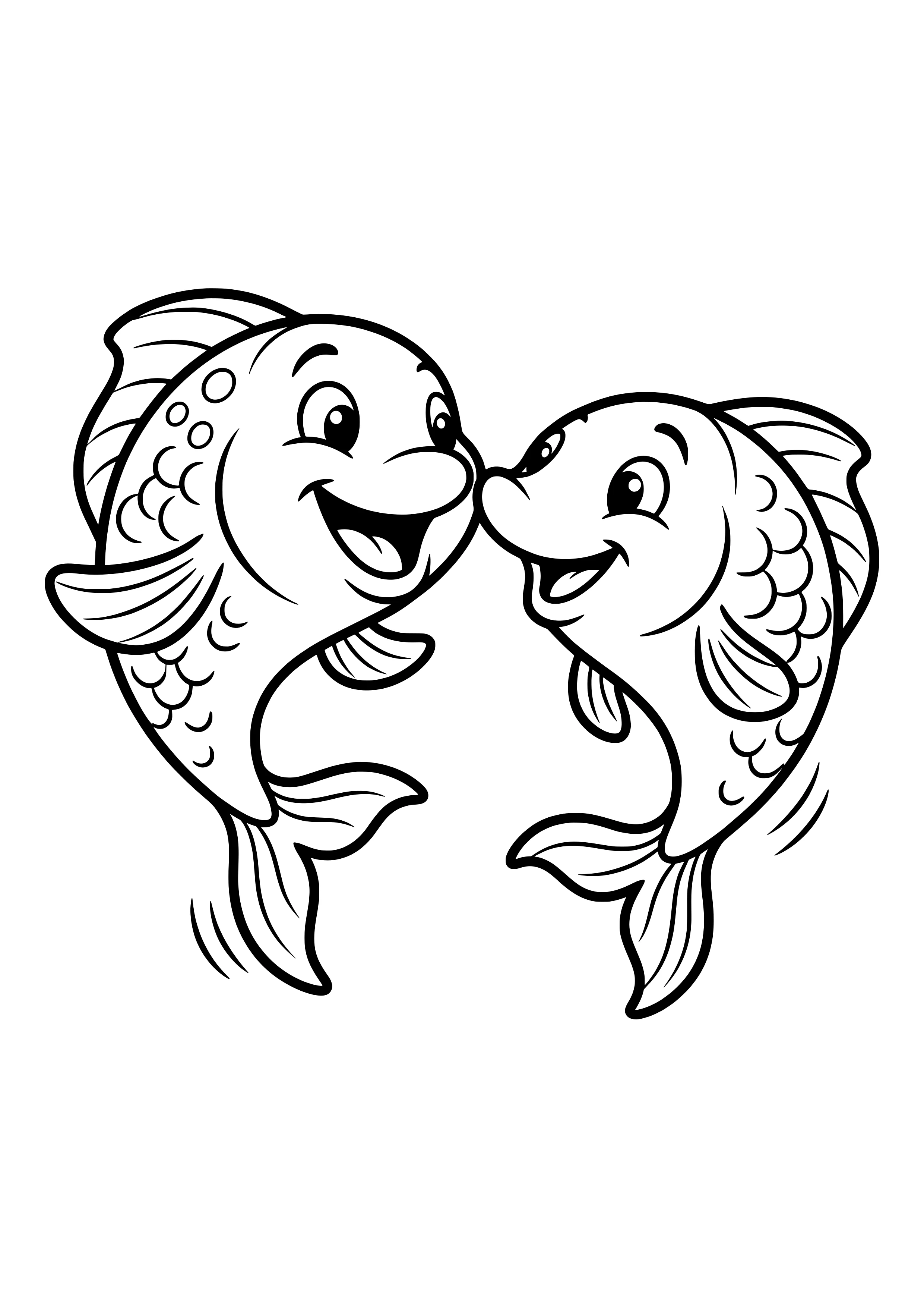 Zwei Fische necken sich spielerisch Ausmalbild kostenlos für Kinder