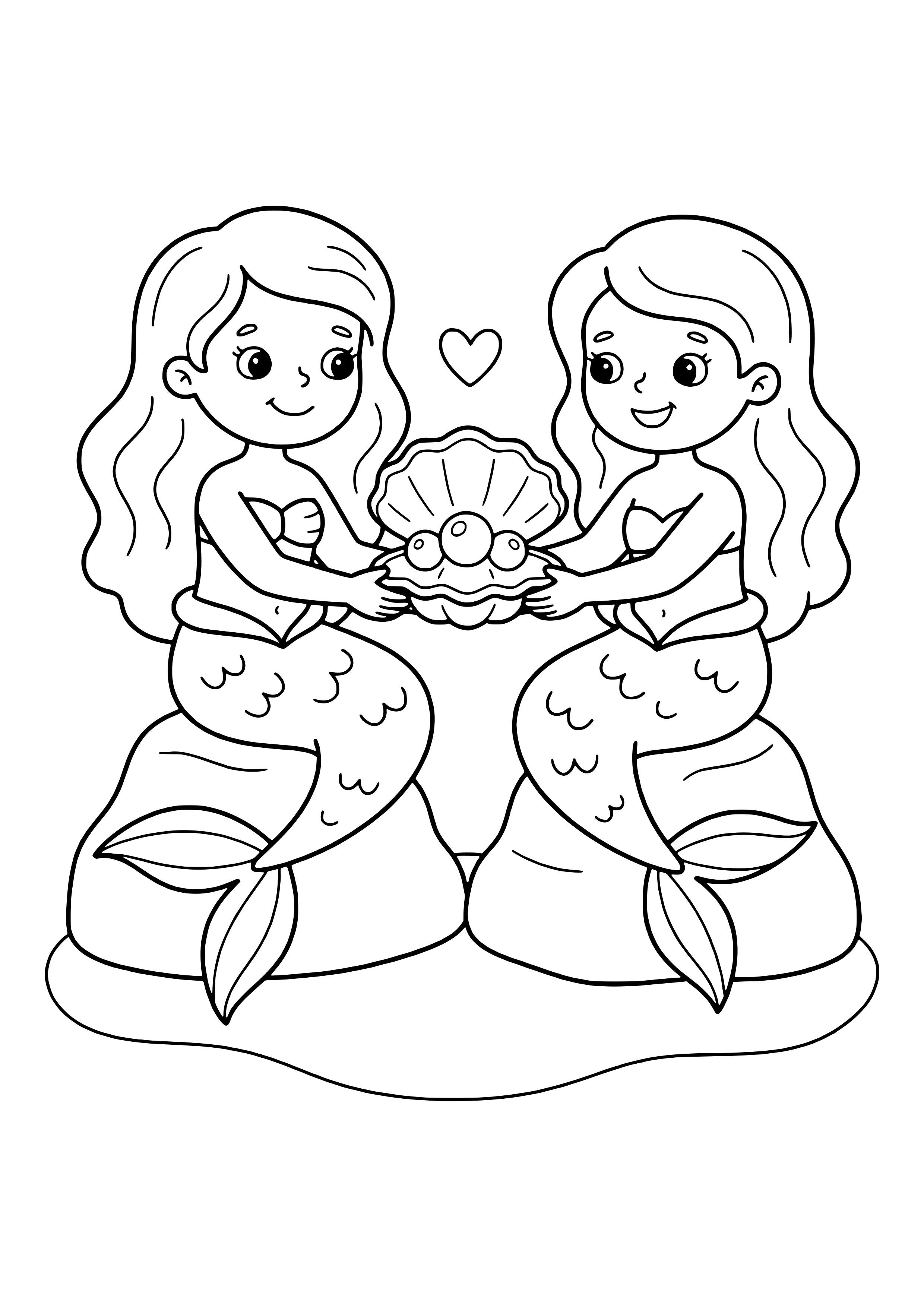 Two mermaids exchanging pearls free coloring page for kids