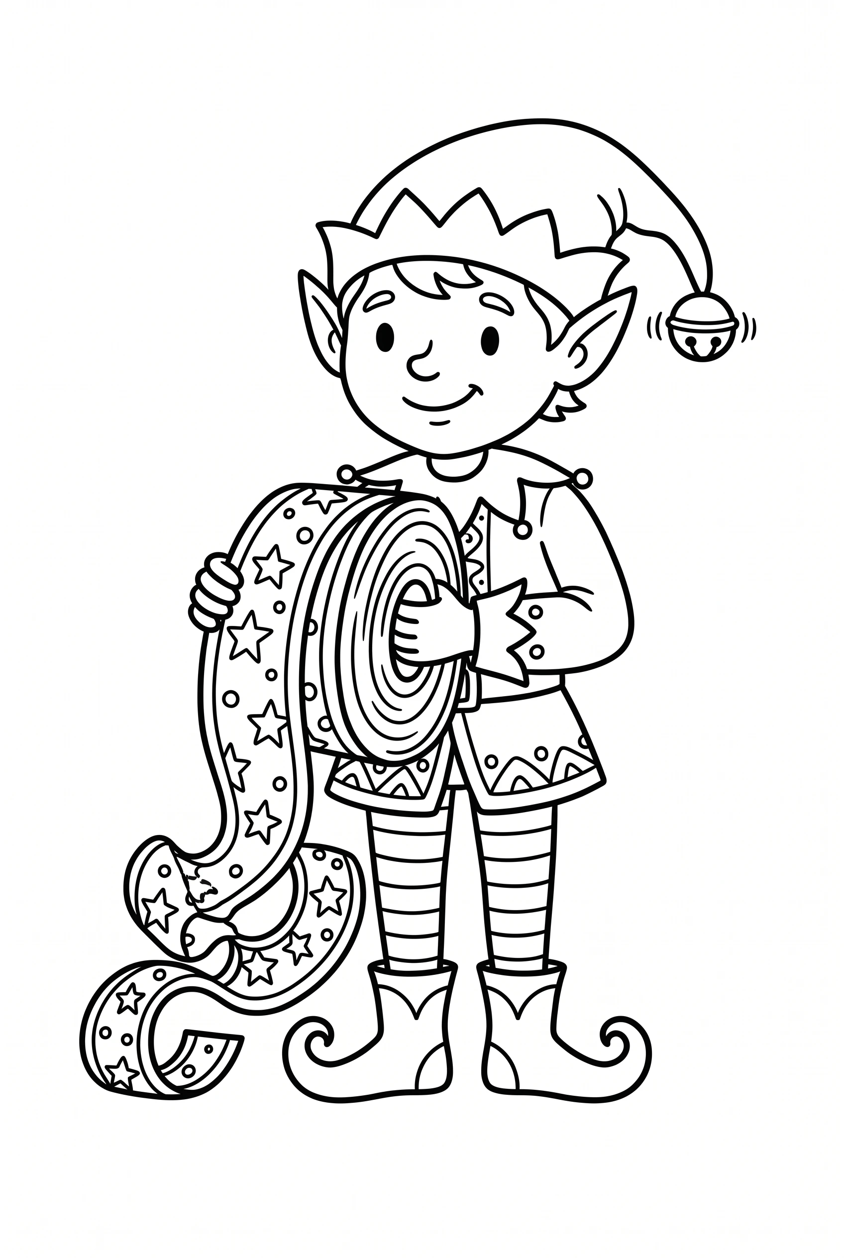 Elf holding a large roll of gift ribbon coloring page