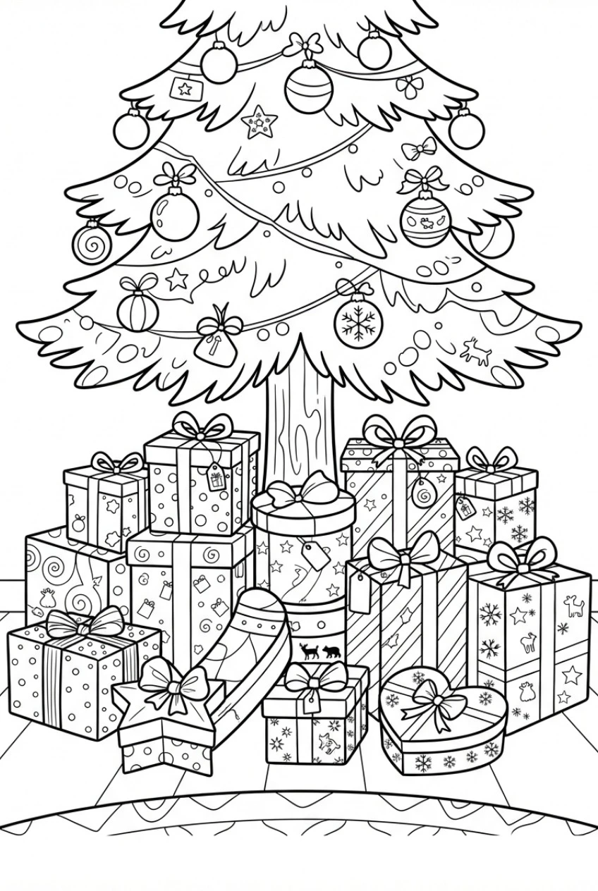 Ausmalbild bunt verpackte Geschenke unter dem Weihnachtsbaum