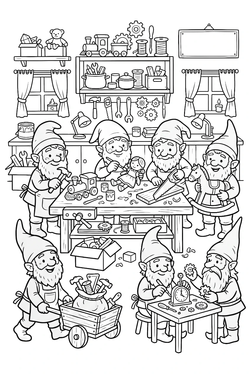 Gruppe von Wichteln bei der Arbeit Ausmalbild